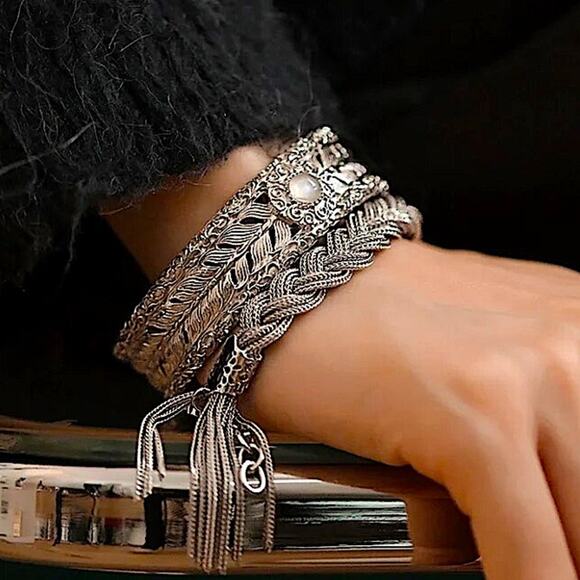 Sterling Silver Bangle Bracelet plus braided silver bracelet two-piece set - Picture 5 of 5